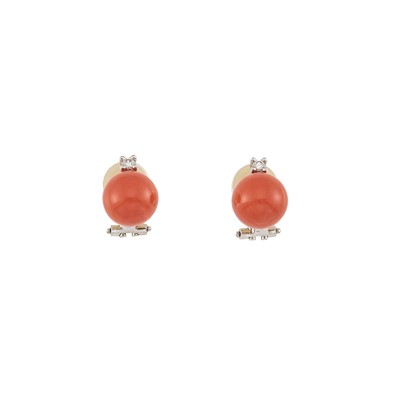 Lot 2090 - Pair of White Gold and Coral Earclips