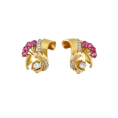 Lot 2123 - Pair of Gold, Platinum, Ruby and Diamond Earclips