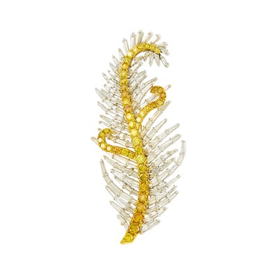 Lot 2107 - Two-Color Gold, Diamond and Colored Diamond Feather Brooch