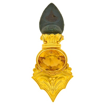 Lot 1067 - Gold, Carved Green Hardstone, Red Glass and Citrine Clip-Brooch
