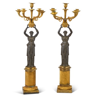Lot 249 - Pair of Empire Gilt and Patinated-Bronze Five-Light Candelabra
