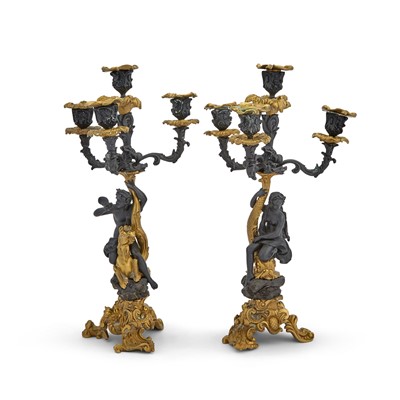 Lot 312 - Pair of Louis XV Style Gilt and Patinated Bronze Figural Four-Light Candelabra