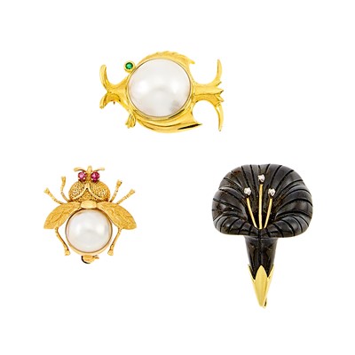 Lot 2207 - Three Gold, Mabé Pearl, Black Onyx and Gem-Set Pins and Pendant