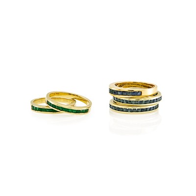 Lot 2125 - Five Gold, Sapphire and Emerald Band Rings