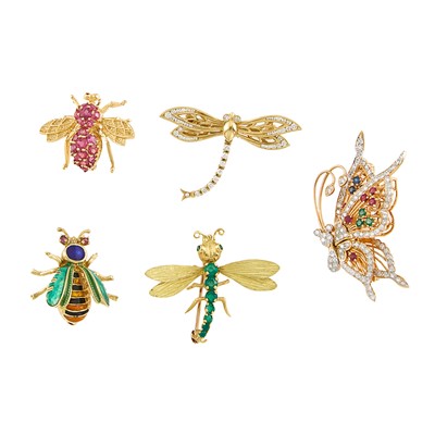 Lot 2211 - Group of Tricolor Gold, Enamel and Gem-Set Insect Pins