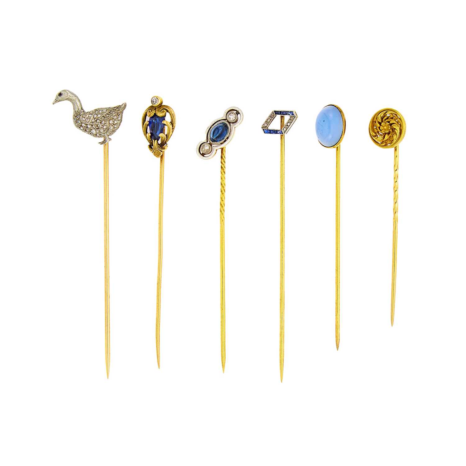 Lot 1124 - Six Gold, Platinum, Silver-Gilt, Gem-Set and Diamond Stick Pins