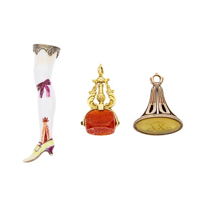 Lot 1144 - Three Antique Silver, Gold, Low Karat Gold, Porcelain, Enamel and Hardstone Seals and Fobs