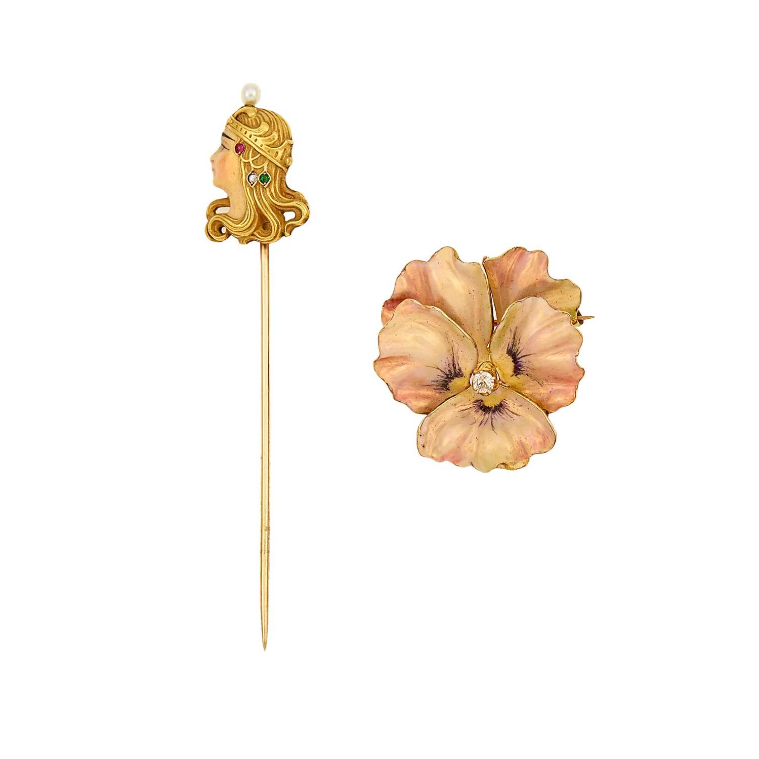 Lot 1145 - Antique Gold, Enamel and Gem-Set Queen's Head Stick Pin and Pansy Pin