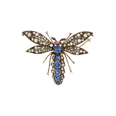 Lot 1162 - Antique Low Karat Gold, Silver, Sapphire, Diamond and Ruby Dragonfly Brooch