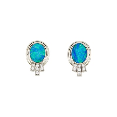 Lot 1260 - Pair of White Gold, Black Opal and Diamond Earclips