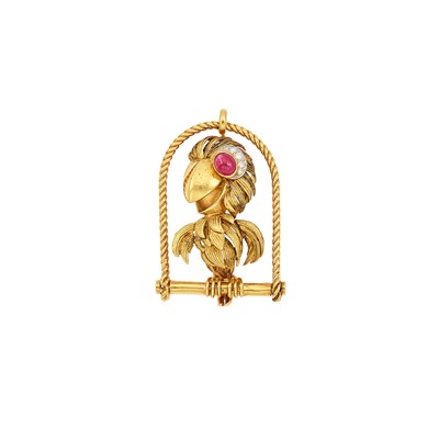 Lot 1102 - Gold, Cabochon Ruby and Diamond Parrot Pendant-Brooch