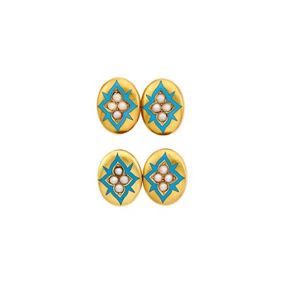 Lot 1152 - Pair of Antique Gold, Turquoise Enamel and Split Pearl Cufflinks