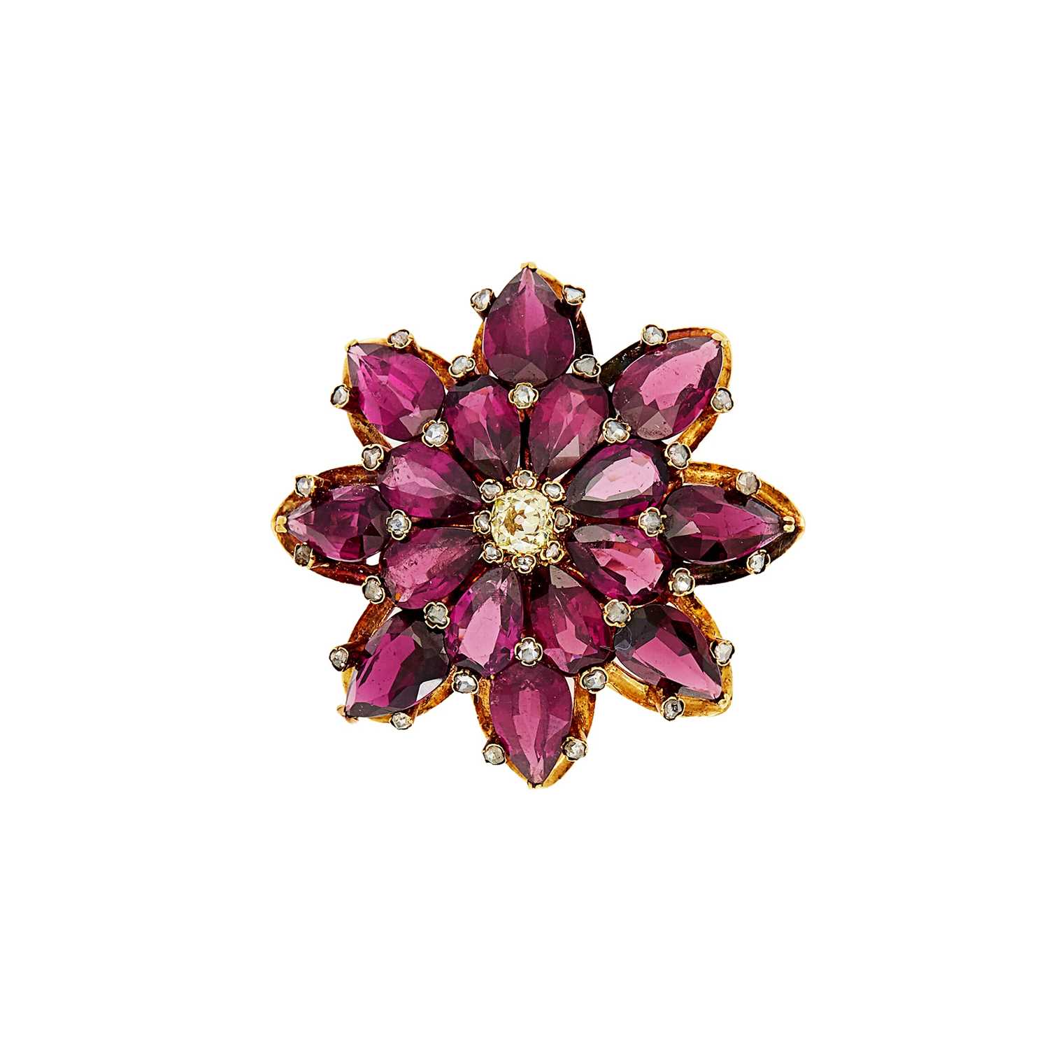 Lot 1140 - Gold, Garnet and Diamond Flower Pendant-Brooch