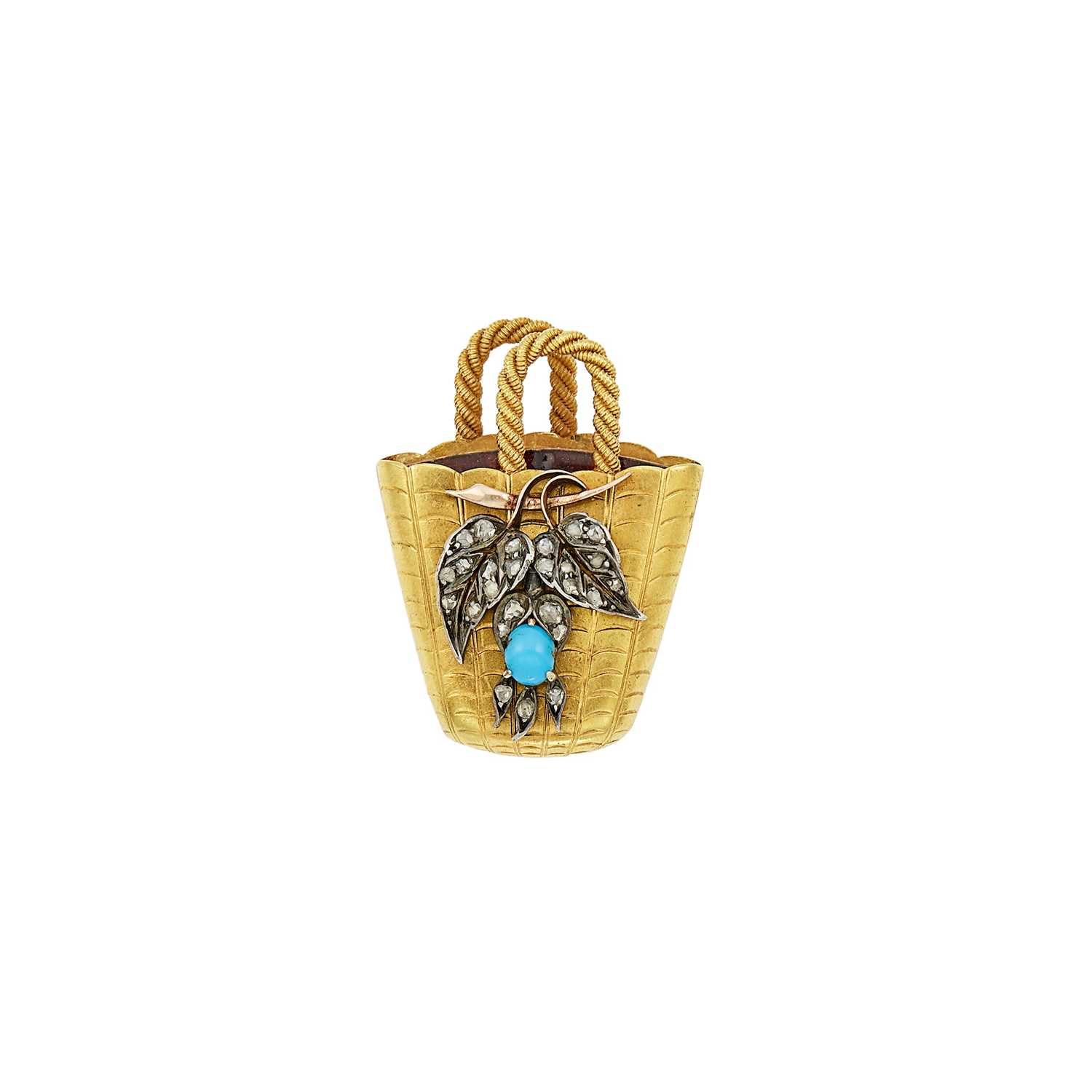 Lot 1121 - Antique Gold, Silver, Turquoise and Diamond Basket Brooch