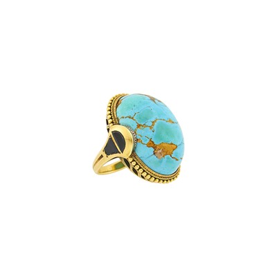 Lot 1091 - Egyptian Revival Gold, Matrix Turquoise and Black Onyx Ring