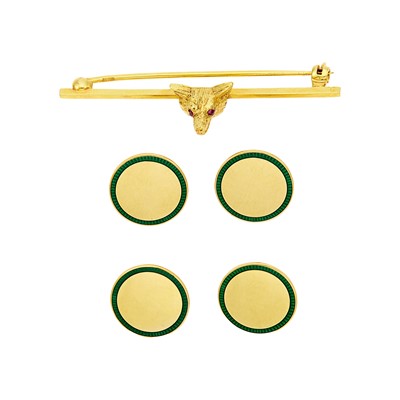 Lot 1148 - Four Gold and Green Enamel Vest Buttons and Low Karat Gold Fox Bar Pin
