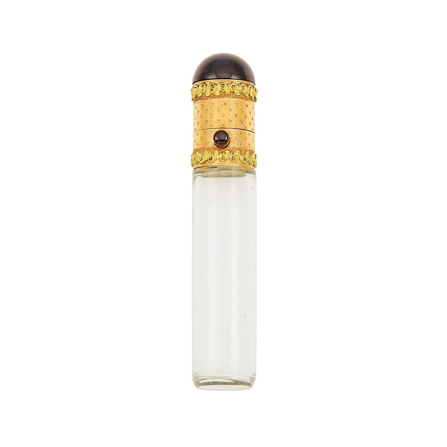 Lot 1112 - Rock Crystal, Two-Color Gold and Garnet Perfume Bottle
