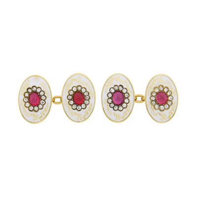 Lot 1084 - Pair of Antique Gold, White Enamel, Cabochon Ruby and Diamond Cufflinks