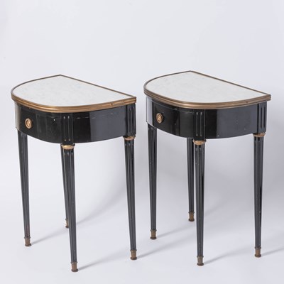 Lot 805 - Pair of Maison Jansen Marble Top Ebonized Wood Side Tables
