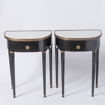 Lot 805 - Pair of Maison Jansen Marble Top Ebonized Wood Side Tables