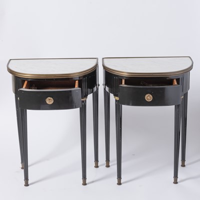 Lot 805 - Pair of Maison Jansen Marble Top Ebonized Wood Side Tables