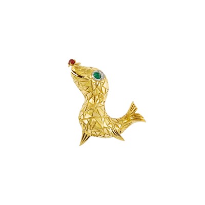 Lot 2012 - Two-Color Gold, Cabochon Emerald, Cabochon Ruby and Diamond Seal Pin, France