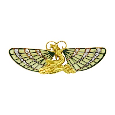 Lot 154 - René Lalique Art Nouveau Gold, Plique-à-Jour Enamel and Diamond 'Femme Papillon' Brooch