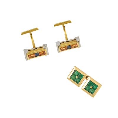 Lot 2236 - Pair of Gold, Stainless Steel, Citrine and Sapphire Cufflinks and Single Emerald Cufflink