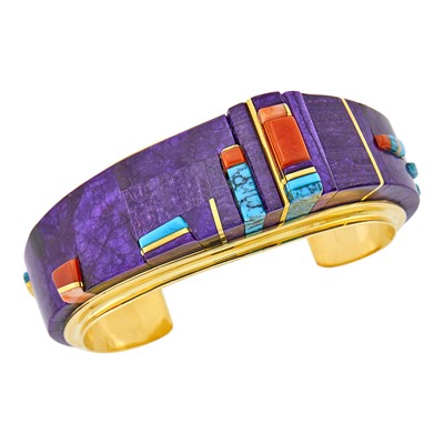 Lot 23 - Charles Loloma Gold, Sugilite, Coral and Turquoise Cuff Bangle Bracelet