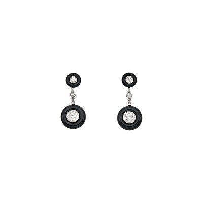Lot 1252 - Tiffany & Co. Pair of Platinum, Black Onyx and Diamond Pendant-Earrings