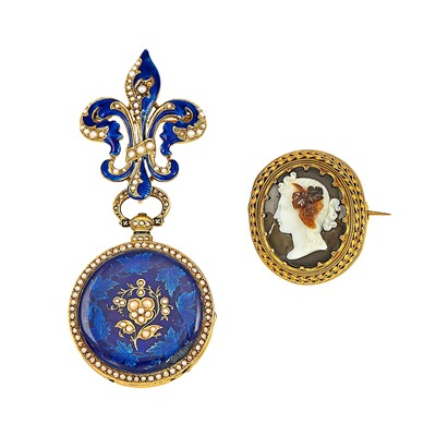 Lot 1113 - Antique Gold and Sardonyx Cameo Pin and Gold, Blue Enamel and Split Pearl Pendant-Watch
