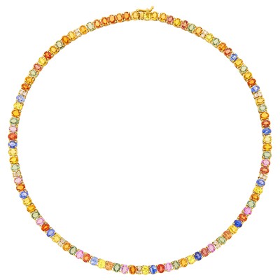 Lot 1107 - Gold, Multicolored Sapphire and Diamond Necklace