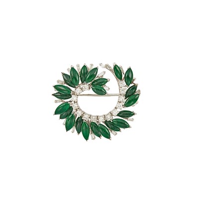 Lot 1266 - White Gold, Jade and Diamond Spiral Brooch