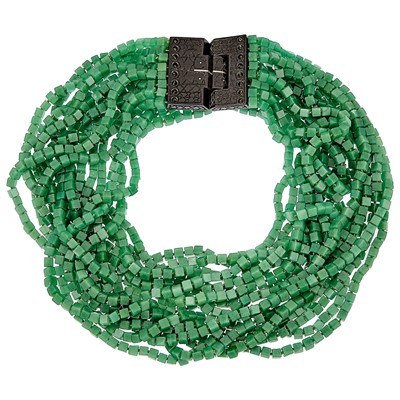 Lot 1318 - Patricia Von Musulin Long Eight Strand Jade Bead Necklace with Carved Wood and Silver Clasp