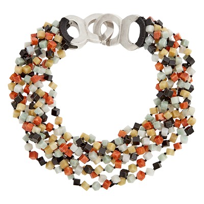 Lot 1313 - Patricia Von Musulin Eight Strand Multicolored Jade and Black Onyx Bead Necklace with Silver Clasp