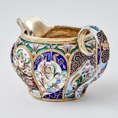 Lot 606 - Russian Silver and Cloisonné Enamel Cream Jug and Bowl with Spoon
