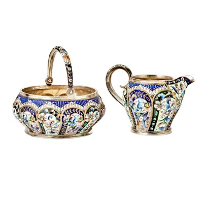 Lot 693 - Russian Silver and Cloisonné Enamel Cream Jug and Bowl