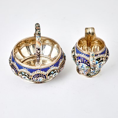Lot 693 - Russian Silver and Cloisonné Enamel Cream Jug and Bowl