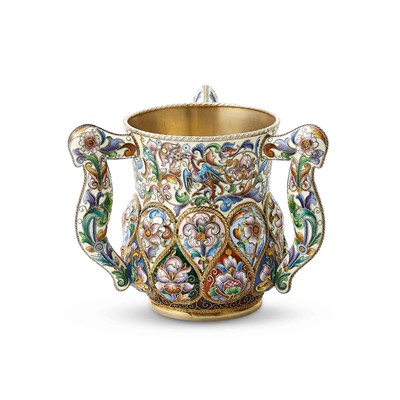 Lot 696 - Russian Silver-Gilt and Cloisonné Enamel Three-Handled Cup
