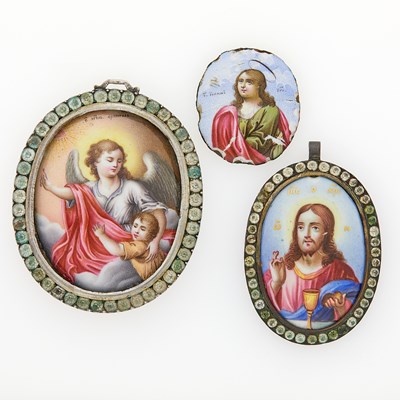 Lot 652 - Three Russian Finift Enamel Miniature Icons