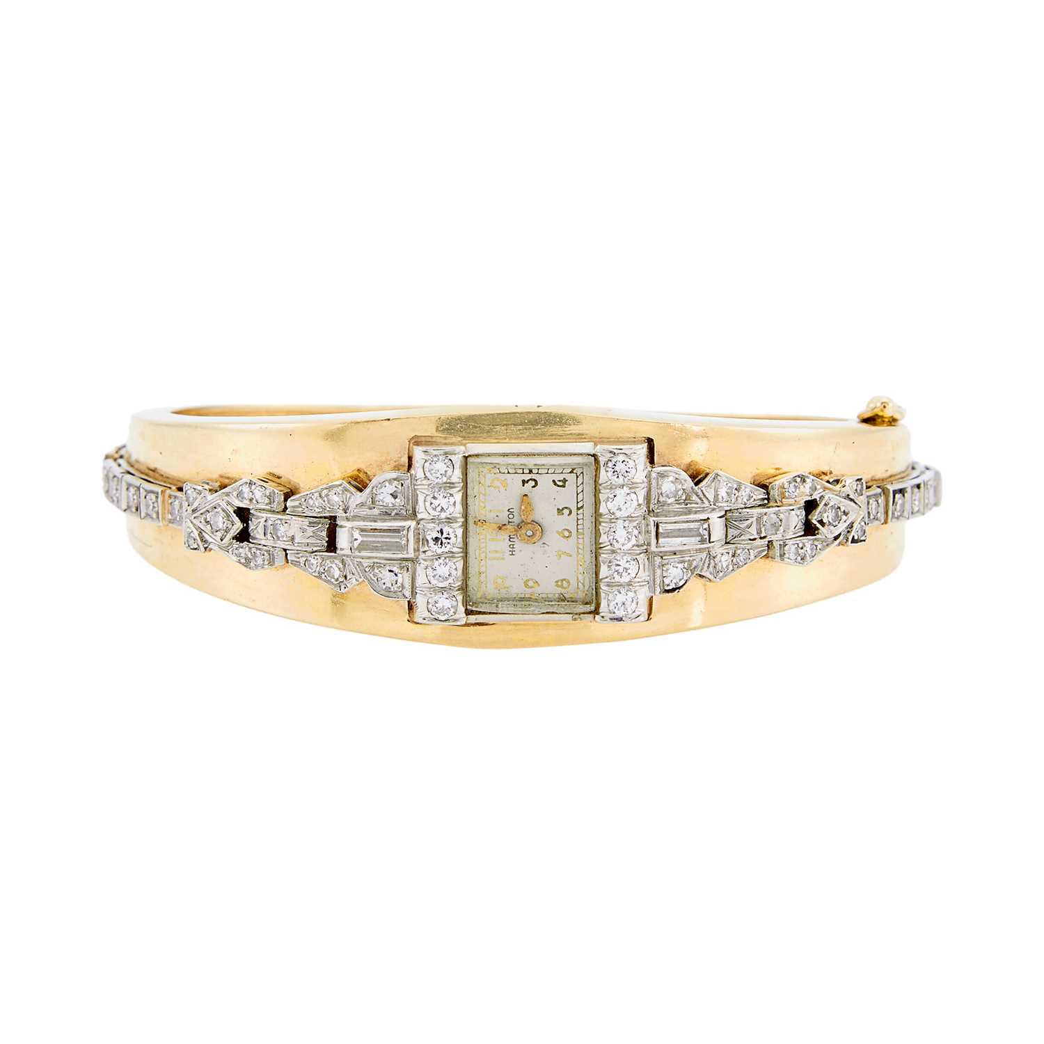 Lot 1170 - Hamilton Gold, Platinum and Diamond Watch Bangle Bracelet