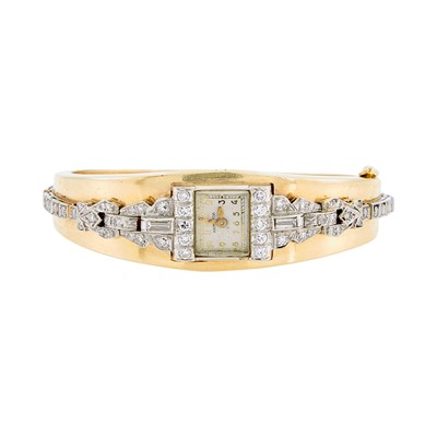 Lot 1170 - Hamilton Gold, Platinum and Diamond Watch Bangle Bracelet