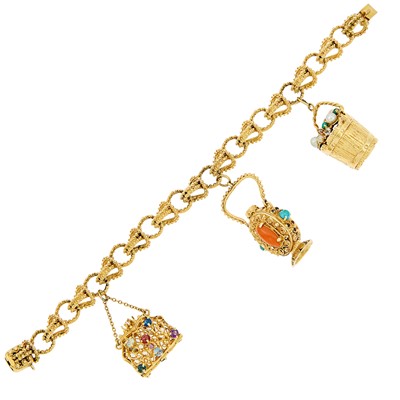 Lot 1104 - Gold and Gem-Set Charm Bracelet