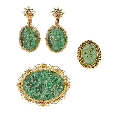 Lot 1208 - Gold, Seed Pearl and Carved Jade Brooch, Pair of Pendant-Earclips and Ring