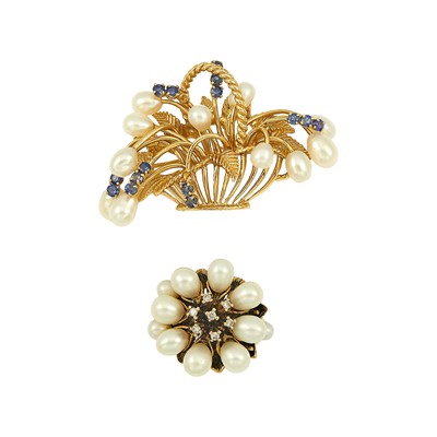 Lot 1296 - Gold, Freshwater Pearl and Sapphire Brooch and Ring