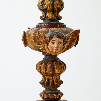 Lot 429 - Pair of Italian Carved Polychrome and Parcel-Gilt Wood Candlesticks