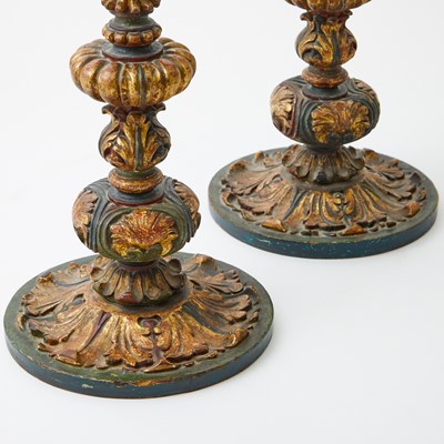 Lot 429 - Pair of Italian Carved Polychrome and Parcel-Gilt Wood Candlesticks