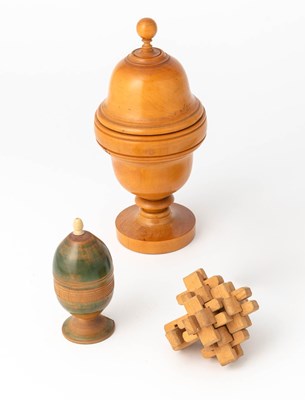 Lot 374 - Two Turned Wood Objects and a Small Wood Puzzle