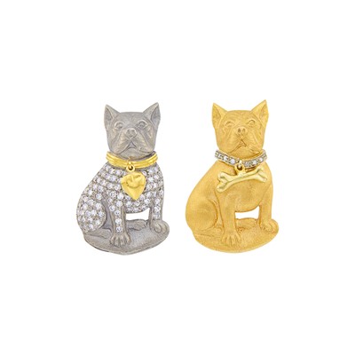Lot 1055 - Pair of Yellow and White Gold and Diamond French Bulldog Pins