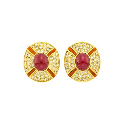 Lot 1195 - Pair Gold, Cabochon Ruby, Diamond and Orange Enamel Earclips